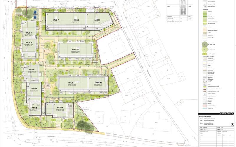 Innerhalb voneinem Jahrzehnt soll das Quartier an der „Schäferlinde“ mit zwölf Häusern, einem Innenhof und Grünflächen dazwischenentstehen. Zuerst soll der obere Teil gebaut werden,danach dann die untere Hälfte.GB-Grafik:Instone Real Estate