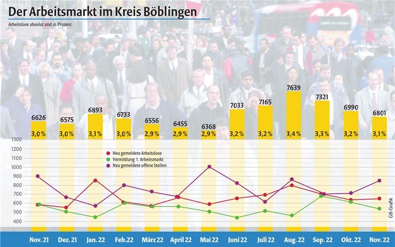 6801 Arbeitslose im Landkreis Böblingen in diesem November