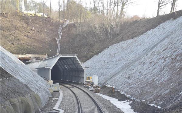 Auf beiden Seiten der historischen Tunnelröhren wurden zum Schutz der Fledermäuse 80 Meter lange Vorbauten angebracht und die Hänge zum Gleiskörper von Bäumen und Büschen befreit. GB-Foto: Reichert