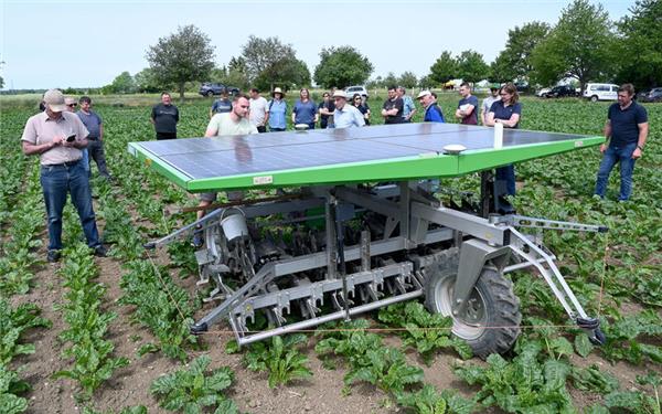 Auf einer landwirtschaftlichen Kreislehrfahrt macht die Gruppe von Interessenten bei den Gärtringer Betrieben Lutz halt, wo sie den solarbetriebenen Aussaat- und Hackroboter Inge vom Hersteller Farmdroid kennenlernen. GB-Foto: Holom