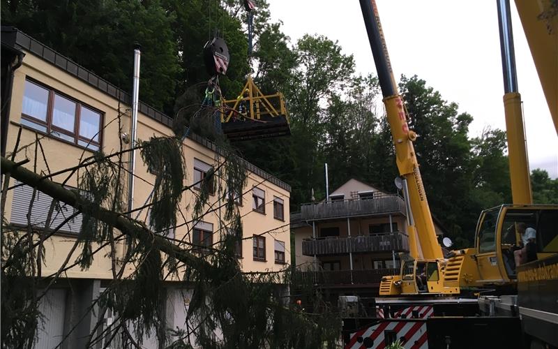 Spezialkräfte retten Gebäude Baum wird vor dem Gebäude abgelegtBild Markus Fritsch Kreisfeuerwehrverband Calw e.V.