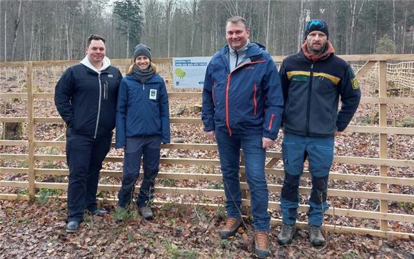 Baumspende im Hardtwald (von links): Maurice Straub vom Rathaus Ammerbuch, Laura Peters (stellvertretende Landesgeschäftsführerin Schutzgemeinschaft Deutscher Wald), Alex Keck (Filialleiter Sparda-Bank Tübingen) und Johannes Scheit (Forstrevierleiter Rottenburg-Ammerbuch) auf der Pflanzfläche. GB-Foto: SDW BW