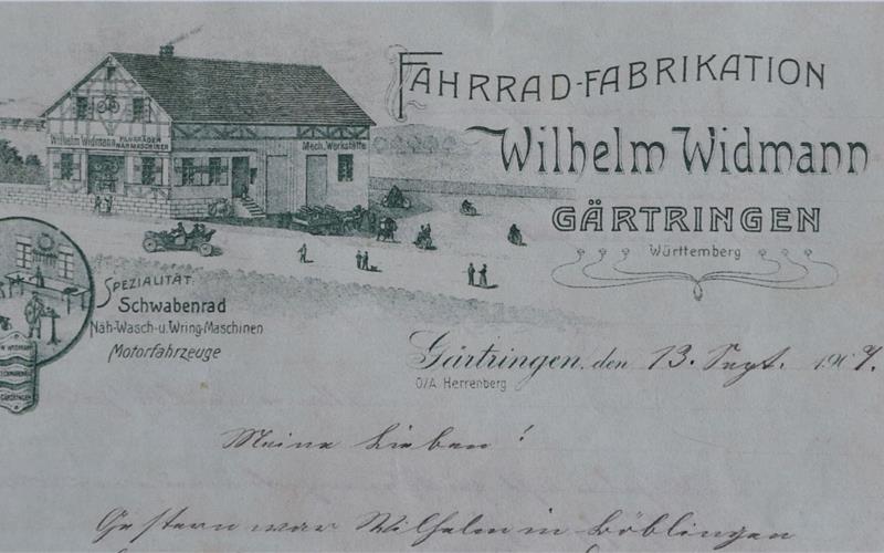 Briefkopf der Fahrrad-Produktion von Wilhelm Widmann auf einem Schreiben vom13. September 1907. GB-Fotos: Reichert