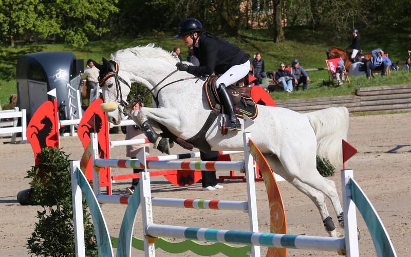 Constanze Pape (RV Jettingen) war mit dem Ungarn-Schimmel Chicago das beste Gäu-Paar im Großen Preis von Tübingen. GB-Foto: Häusler