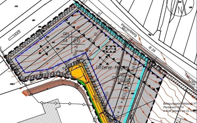 Das 1,9 Hektar große Areal „Unterer Hagen“ liegt in Gültstein an der B28, westlich des Bebauungsplans „Holzsteig IV“. GB-Grafik: Stadtverwaltung Herrenberg