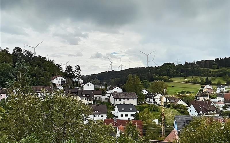 Der Blick von der Sulzer Höhenlage in Richtung Osten. Eingeblendet sind am Horizont vorne Herrenberger Windräder. Die Standorte dahinter auf Markung Oberjettingen basieren auf Vermutungen. Eventuelle Windräder auf Markung Sulz sind in der Darstellung nicht berücksichtigt. GB-Foto/Montage: Reichert