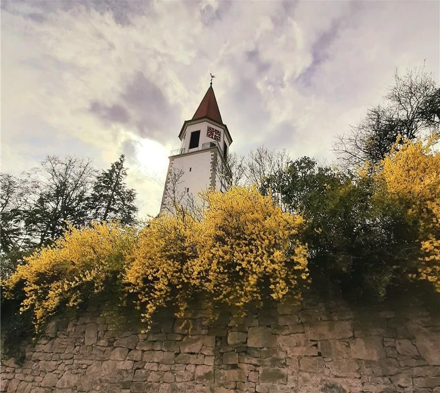 Der Deckenpfronner Kirchturm im gelben "Osterkleid".  Von Doris Süsser aus Decke...
