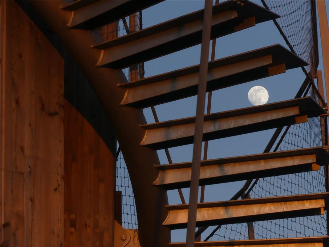 Der Mond geht am Schönbuchturm hoch, Heike Teucher aus Herrenberg schaut ihm dab...