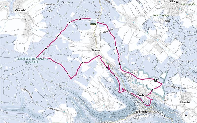 Der Rundweg startet am Wanderheim Zavelstein und führt durch den Ort.