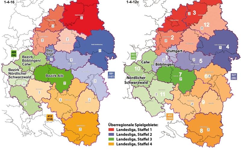 Der bisherige Zuschnitt des WFV-Verbandsgebiets mit 16 Bezirken (linke Karte) soll sich bis in drei, vier Jahren gravierend verändern: Vorgeschlagen ist unter anderem die mögliche Variante 1-4-12c mit dem neu gefassten Landesliga-Gebiet der Staffel 2 (blau)GB-Grafik: LGL/WFV