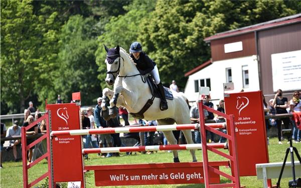Derzeit Vierte im Ranking des „Sparkassen-Cups“: Katja Gerds auf ihrem Schimmel Cuba Gooding Junior. GB-Foto (Archiv): Häusler