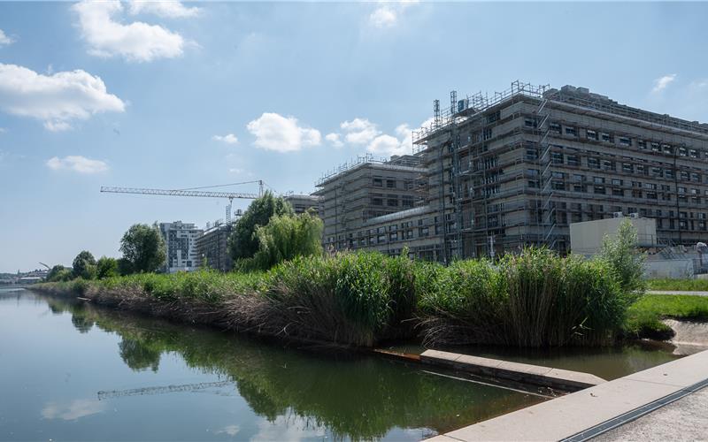 Die Gerüste um die Fassade des neuen Flugfeldklinikums werden bald abgebaut. GB-Foto: Schmidt