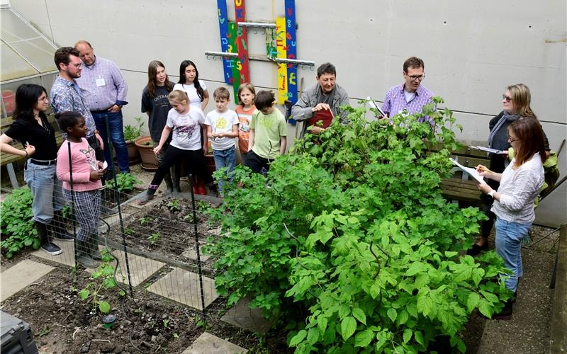 Die Kommission inspiziert zusammen mit Schülern und Lehrern den Schulgarten. GB-Foto: Holom