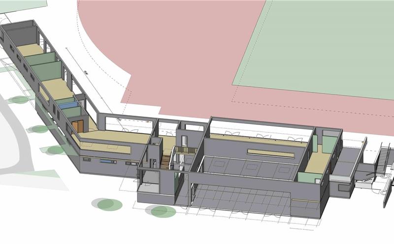 Die Raumansicht des Stadiongebäudes aus südöstlicher Richtung, direkt an den Tribünentrakt des HerrenbergerStadions (rechts) angrenzendGB-Grafik: gb