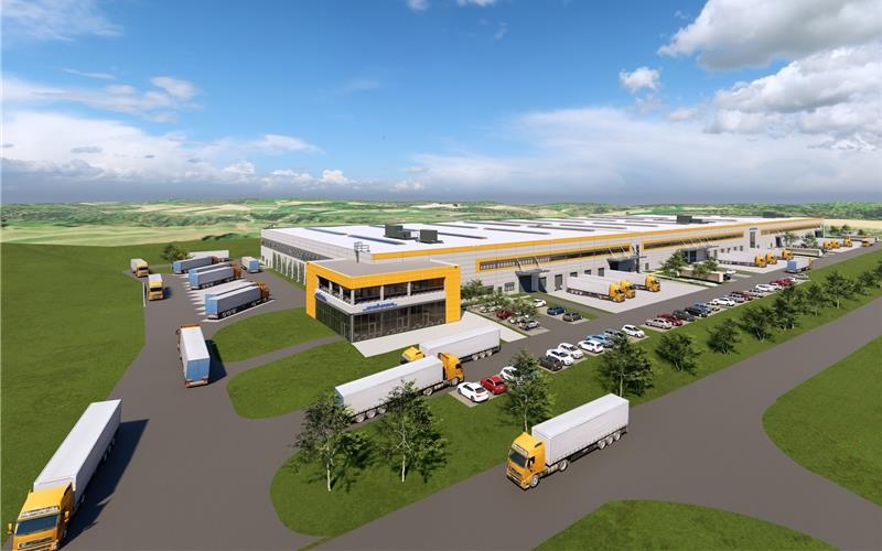 Die Schuon-Gruppe investiert einen zweistelligen Millionenbetrag in den Bau des zweiten Logistikcenters an seinem vor wenigenJahren bezogenen Hallenstandort auf dem Wächtersberg zwischen Wildberg und Sulz. GB-Foto (Visualisierung): Alfred Schuon GmbH)