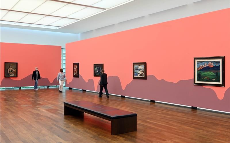 Familien-Tour: Klassische Moderne und zeitgenössische Kunst Die Sonderausstellung „Die Bilder der Brüder“ im Museum Frieder Burda vereint Meisterwerke des Expressionismus,inszeniert durch Wandmalerei des US-Malers Carl Ostendarp GB-Foto: Museum Frieder Burda