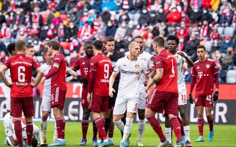 Die Spieler von Bayern München und von Bayer Leverkusen diskutieren mit Schiedsrichter Daniel Siebert. Foto: Sven Hoppe/dpa