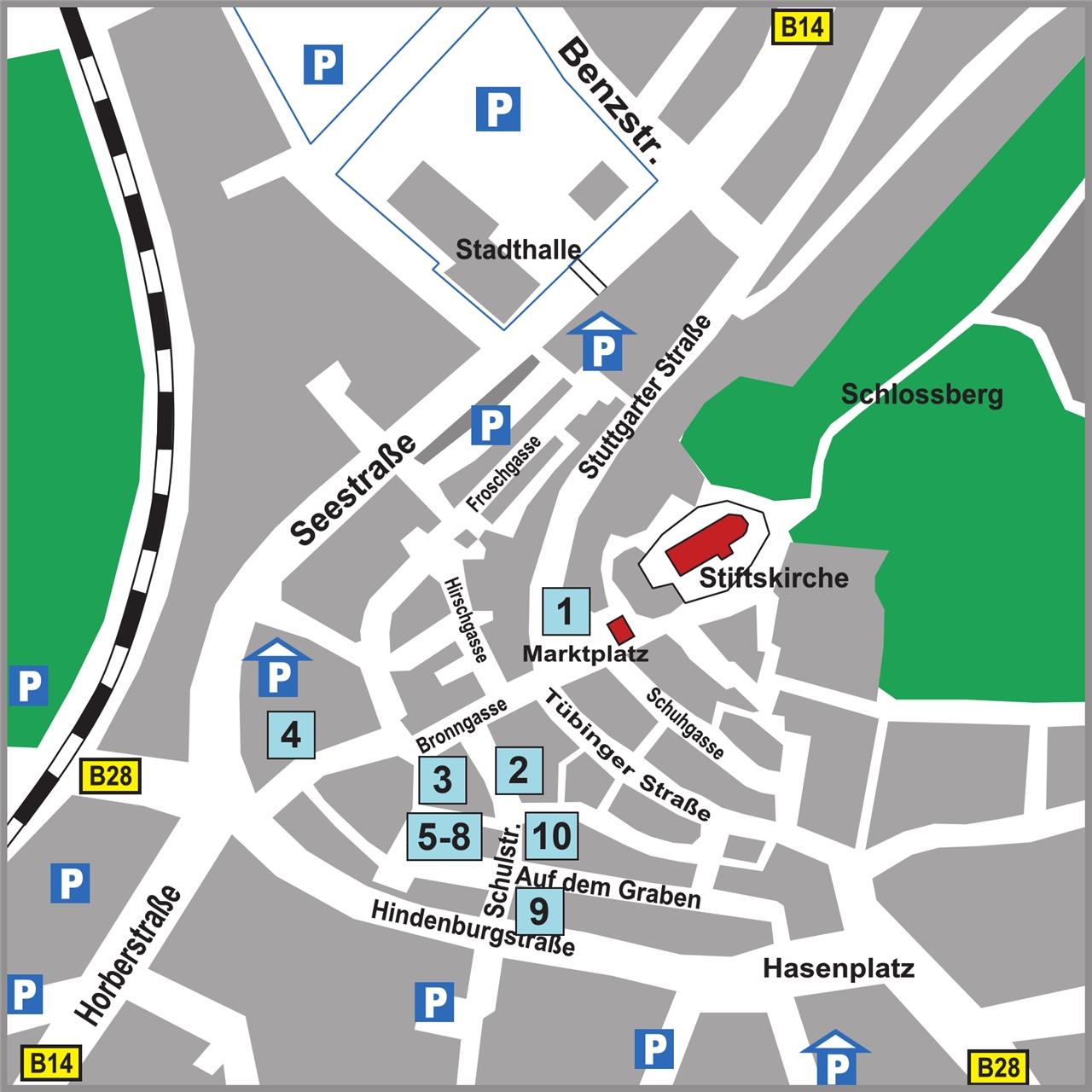 Die Stadtfest-Standorte – 1: Marktplatz (Stadtkapelle Herrenberg); 2: Place de Tarare (SGH2Ku Herrenberg); 3: Klosterhof (Liederkranz Herrenberg); 4: Bronntor/Gasthaus Rose (SV Affstätt); 5: Auf dem Graben (VfL Herrenberg, Hauptverein); 6: Auf dem Graben (VfL Herrenberg, Abteilung Ski); 7: Auf dem Graben (VfL Herrenberg, Abteilung Tischtennis); 8: Auf dem Graben (DPSG Pfadfinder); 9: Schulstraße/vor „Hinz und Kunz“ (Baseballclub Wanderers Herrenberg); 10: Kreuzung Graben/Schulstraße (SV Oberjesingen) GB-Grafik: gb