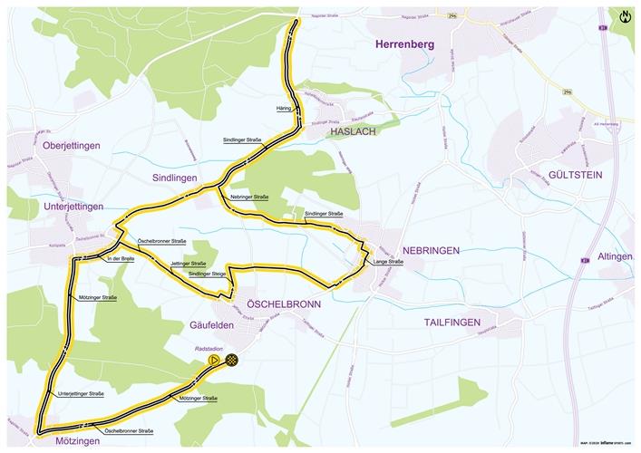 Die Strecke im Überblick: Etliche Gemeinden im Gäu tangiert der Zeitfahr-Kurs der DM GB-Grafik: inflamesports.com