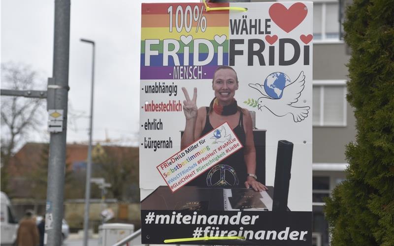 Die Wahlplakate Friedhild „Fridi“ Millers sind handgestrickt – und zeigen sie exponierter Pose. GB-Foto (Archiv): gb