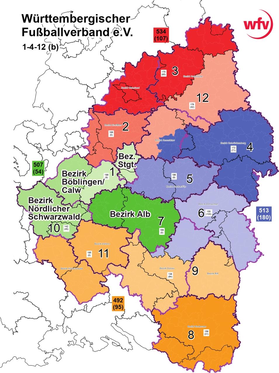 Die favorisierte neue Spielgebiets-Einteilung „1-4-12“ sieht den Bezirk Böblingen/Calw getrennt, die Böblinger Clubs (hellgrün) nach Stuttgart zugeordnet