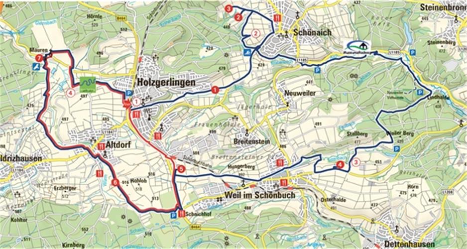 Die kleine „Tier Tour“ führt über die rot markierte Strecke, die große „Tier Tour“ über die blau markierte. Die Strecken sind mit dem „Tier Tour“-Logo (oben) versehen. Online lassen sich Karte und Tafeln aufrufen – die Adresse findet sich im Artikel unter „Weitere Infos online“