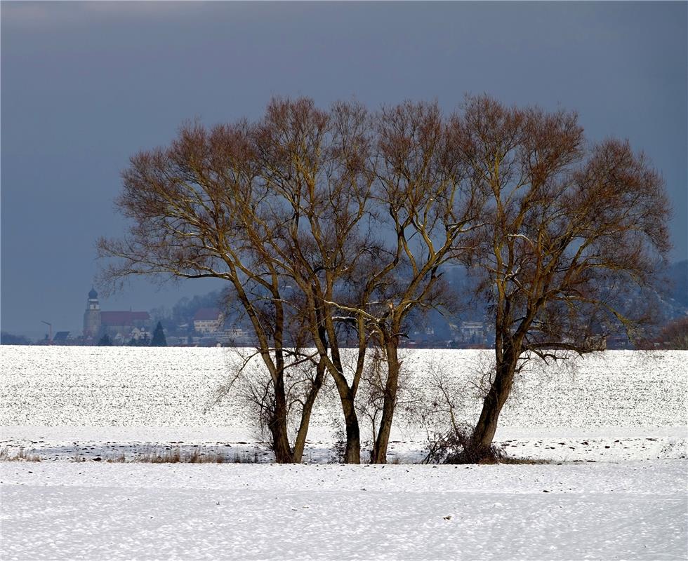 Diese Winterlandschaft mit der Stiftkirche in Herrenberg  , von Gültstein aus ge...