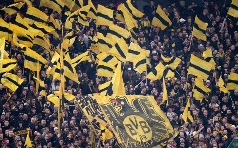 Dortmunds Fans auf der Tribüne im RheinEnergieStadion in Köln. Foto: Rolf Vennenbernd/dpa