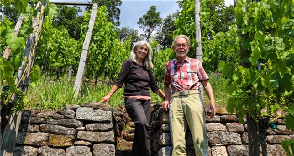 Ehepaar Magda Spielmann und Helmut Heimeier in ihrem Weinberg: „Das ist unser internes Sportstudio“ GB-Fotos: jg