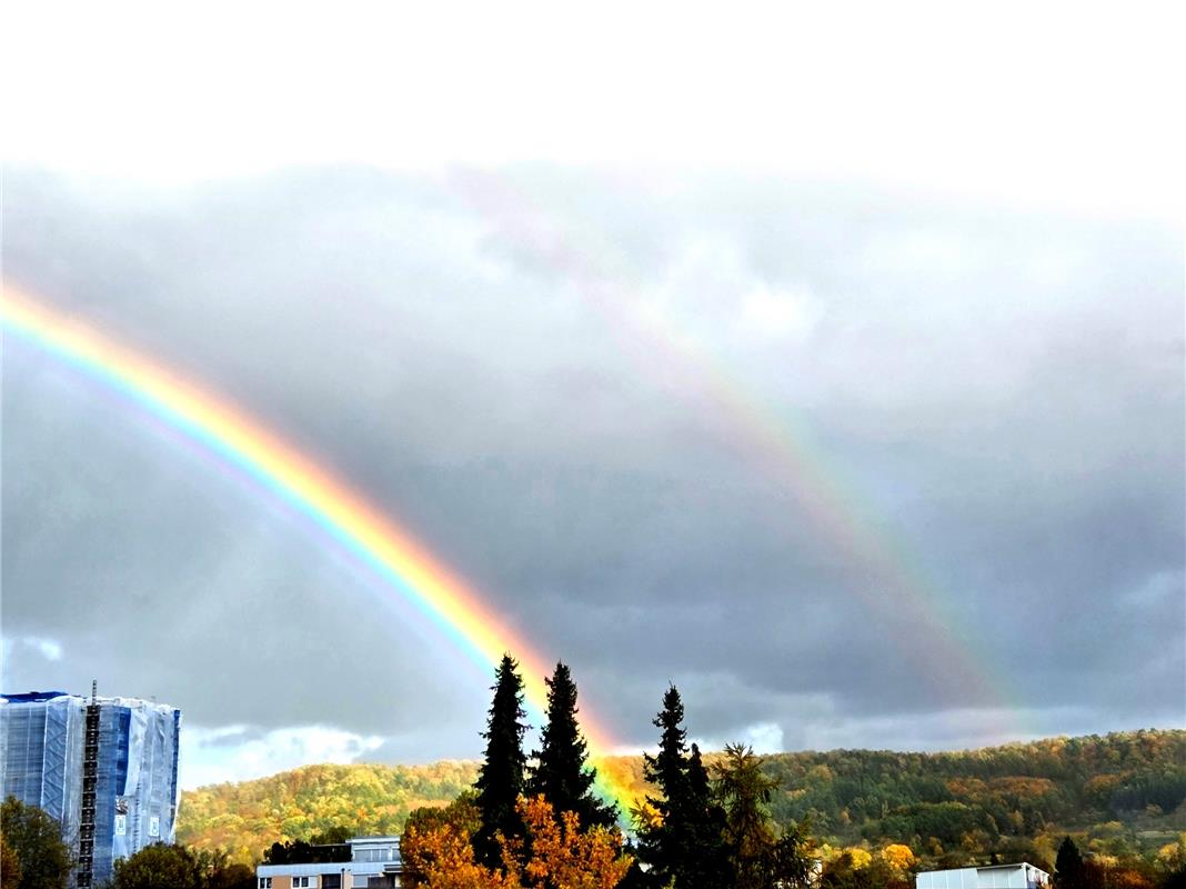 Ein doppelter Regenbogen über dem Ziegelfeld und Schönbuch.  Von Gundula Kleiner...