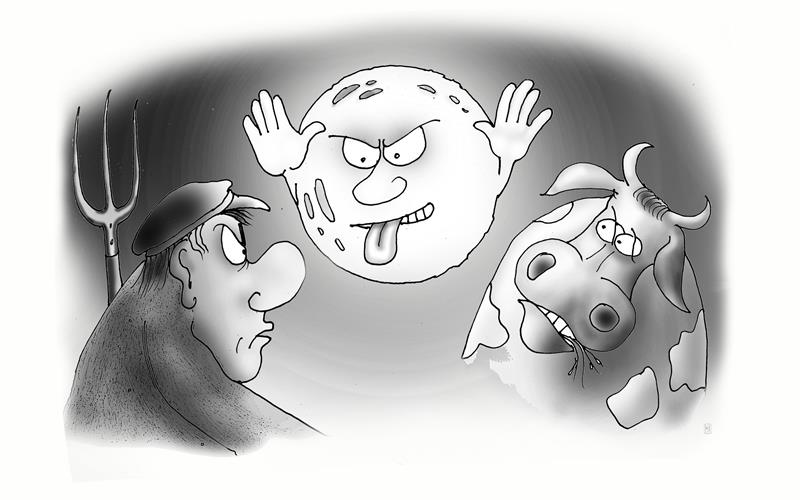 Eine Ballade widmet sich dem Kuppinger Mofänger, einem „geiz’gen Bäuerle“, das nicht in Licht investierte und letztlich Mondschein einsperrte. GB-Cartoon: Haaf