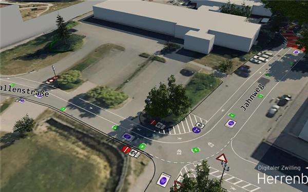 Eine klare Gliederung und Priorität für Fuß- und Radverkehr im Jahnweg und in der Stadthallenstraße sollen die derzeitige Situation im Bereich Viehversteigerungshalle, Feuerwehrgerätehaus und Stadthalle verbessern. GB-Foto: Digitaler Zwilling Herrenberg