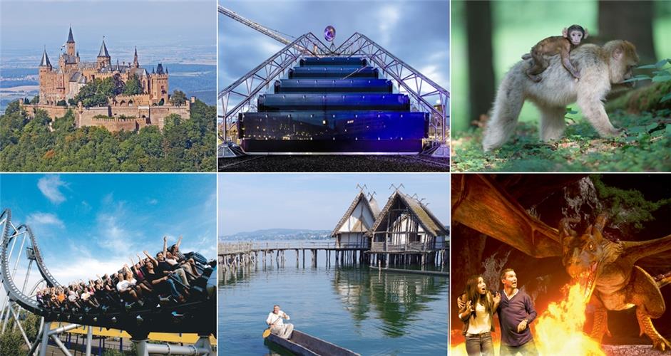 „Gäubote“-Familientour: Sommerspaß an jedem Ferientag Einige Ziele der Familien-Tour 2024 (oben von links): Die Burg Hohenzollern, das Planetarium in Stuttgart und der Affenberg Salemsowie (unten von links) der Europark, die Pfahlbauten am Bodensee und die Filmstadt Bavaria in München.GB-Foto (Archiv): gb