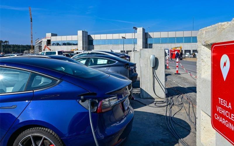 Elektrofahrzeuge der Marke Tesla werden vor der Tesla Gigafactory Berlin Brandenburg geladen. Foto: Patrick Pleul/dpa-Zentralbild/ZB