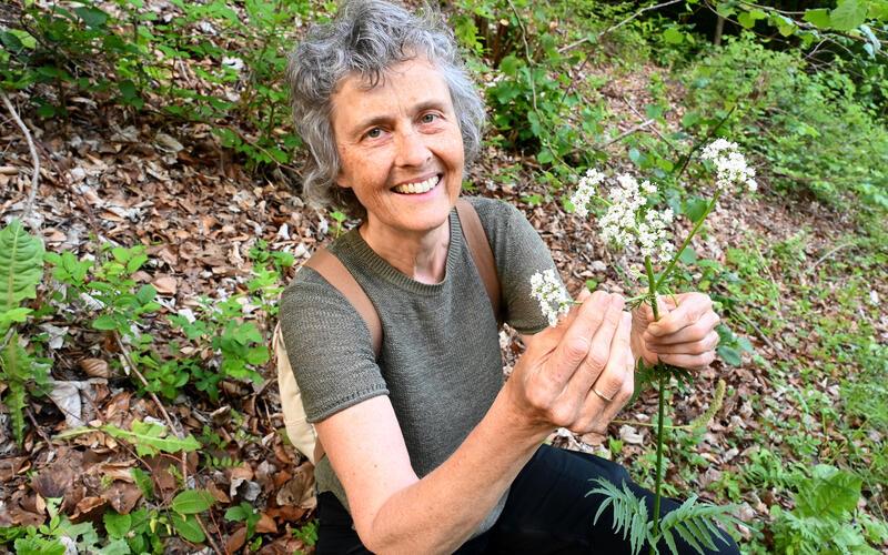 Elke Melchger zeigt eine Baldrianblüte. GB-Foto: Holom