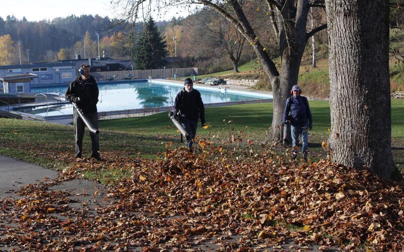 Etliche Stunden ehrenamtlicher Arbeit im Freibad haben die Mitglieder des Fördervereins auch im vergangenen Jahr wieder geleistet, hier im Herbst beim Zusammenblasen von Laub. GB-Foto: Bäuerle