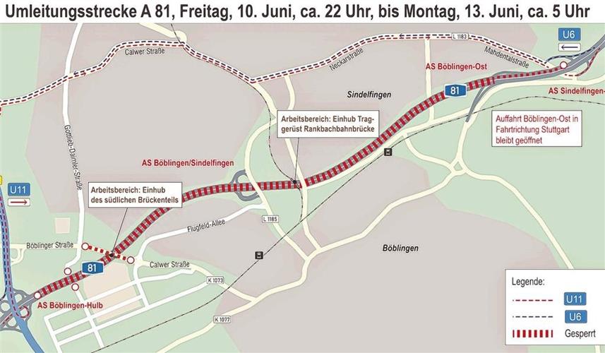 Einhub von Brückenüberbau Für die Erweiterung der Autobahn A 81 zwischen den Anschlussstellen Sindelfingen-Ost und Böblingen-Hulb wird am zweiten Juniwochenende der südliche Überbau für das neue Brückenbauwerk der K1073 eingehoben. GB-Grafik: gb