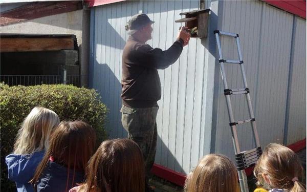 Hartmut Egeler montiert die gereinigten Nistkästen in der Kita Gerstenstraße in Nebringen. GB-Foto: gb