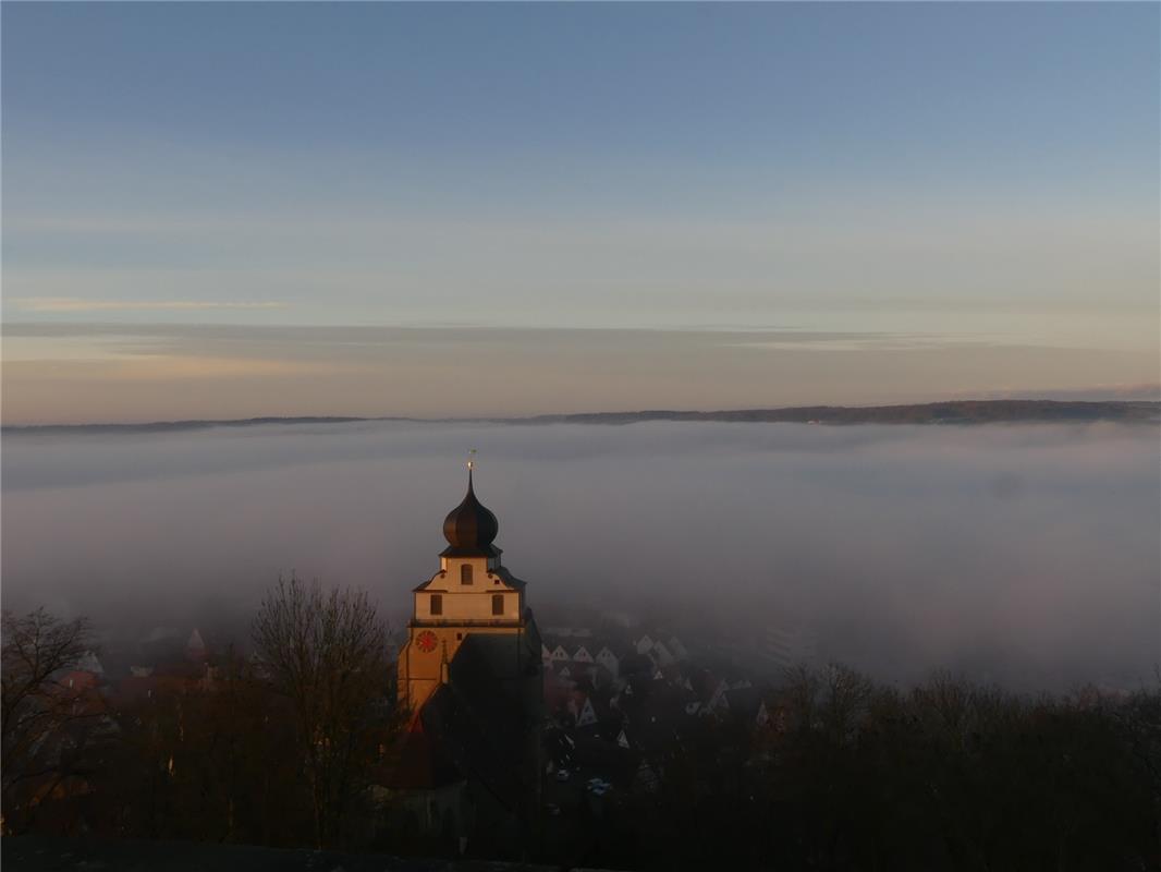 Heike Teucher aus Herrenberg hat vom Aussichtsturm den Sonnenaufgang und Nebel ü...