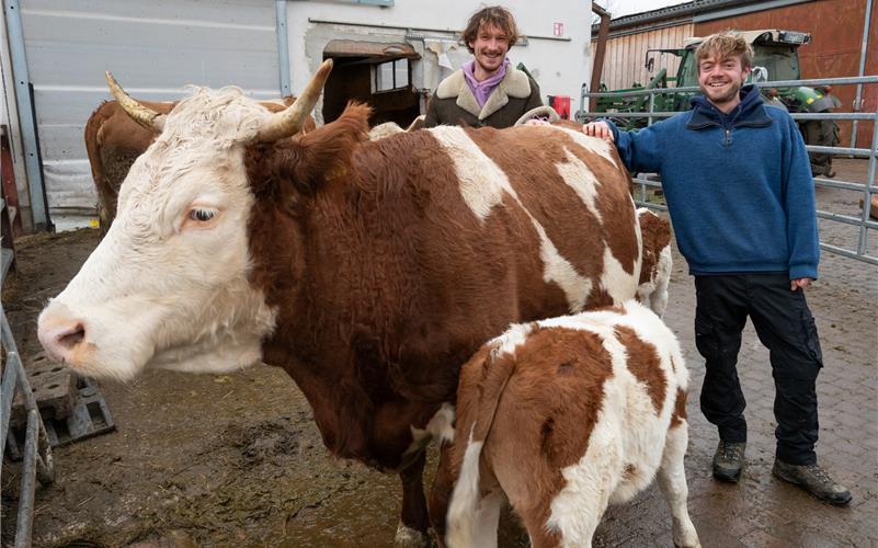 Jakob Luther (links) und Caspar Thierfelder (beide Betriebsleitung Landwirtschaft) bei ihren Kühen.GB-Foto: Vecsey