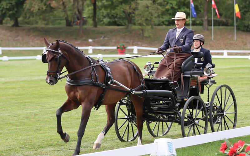 Jens Motteler (mit Beifahrerin Sabrina Kiefer und Fahrpferd Calida) startete in München mit Platz 29 nach den Dressuren erfolgreich in die Einspänner-WM. GB-Foto: fh