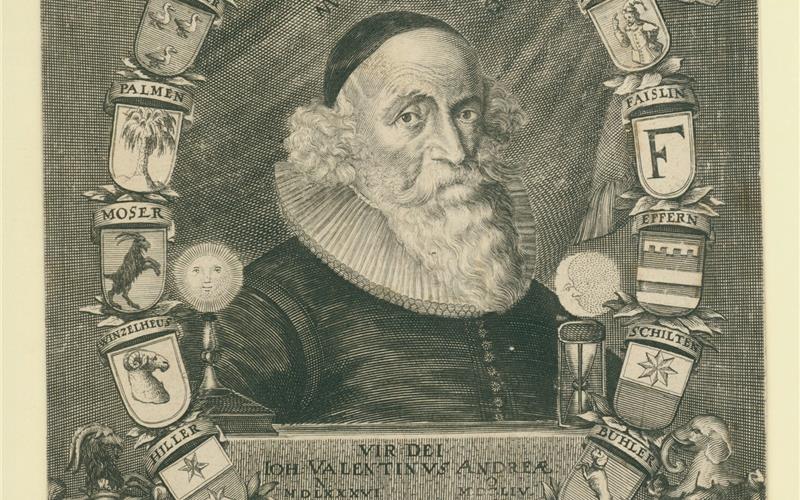 Johann Valentin Andreae als Porträt in einem Kupferstich.GB-Foto: Universitätsbibliothek Tübingen/Bilddatenbank #80374