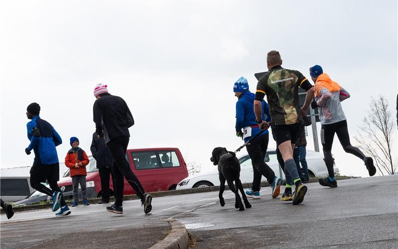 Gleiche Startnummer für die ganze Serie Kirschblütenlauf in Kayh: Vierbeiner begleiten die Läufer den Schönbuchhang hinauf. GB-Foto: Schmidt