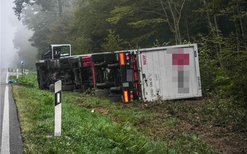 Unfall zwischen Herrenberg und Jettingen: Lastwagen kippt um und stürzt Böschung hinunter Lastwagen kippt im Spitalwald um und stürzt Böschung hinunter