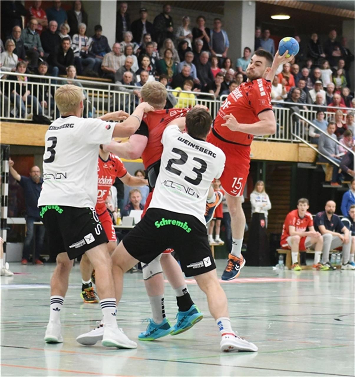 Alexander Job: „So etwas habe ich noch nie erlebt“ Maximilian Fuhrmann (SG H2KU Herrenberg) bei einem Angriff, SG H2KU Herrenberg vs. TSV Weinsberg, Oberliga Baden-Wuerttemberg, 05.05.2019, Foto: F. Schust / Eibner