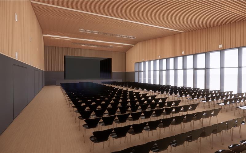 Mit Weißtanne und MDF-Platten: So soll die neue Uhland-Halle von innen aussehen. GB-Foto: Büro Drei Architekten