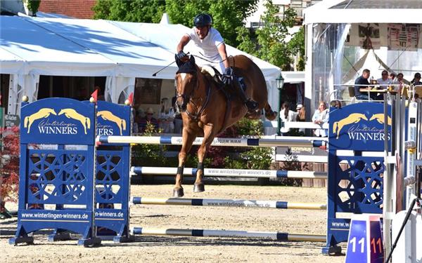 Mogheeth Alshehab (RFV Herrenberg) und Carlotto, hier kämpferisch über dem letzten Sprung, gewinnen in Winterlingen die Zweisterne-S-Champions-Trophy.GB-Foto: Häusler