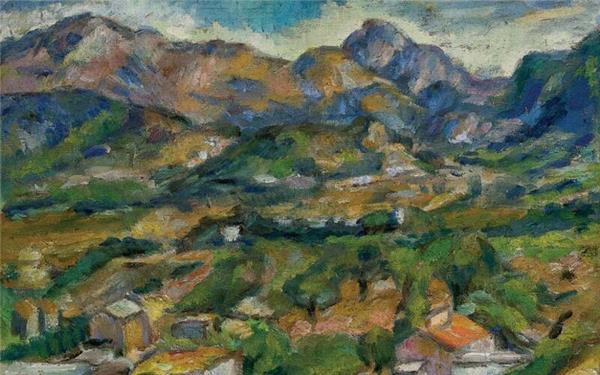Ortsrand vor Gebirge (Puerto de Andraitx), 1967, von Alfred Lehmann (1899 bis 1979), Öl auf Leinwand/Hartfaser.GB-Foto: Galerie Schlichtenmaier