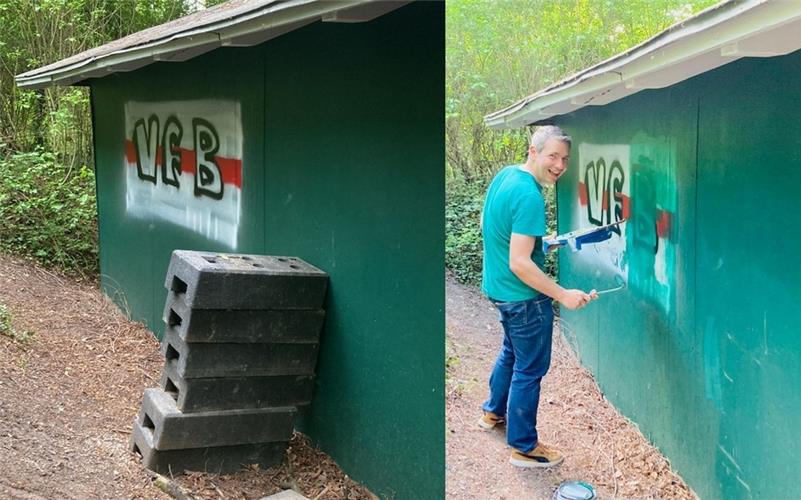 Philemon Gebhardt übermalte das Graffito auf der „Dschungellodge“ am Spielplatz „Kundensteigle“ in Entringen mit vorhandener Restfarbe. GB-Foto: gb