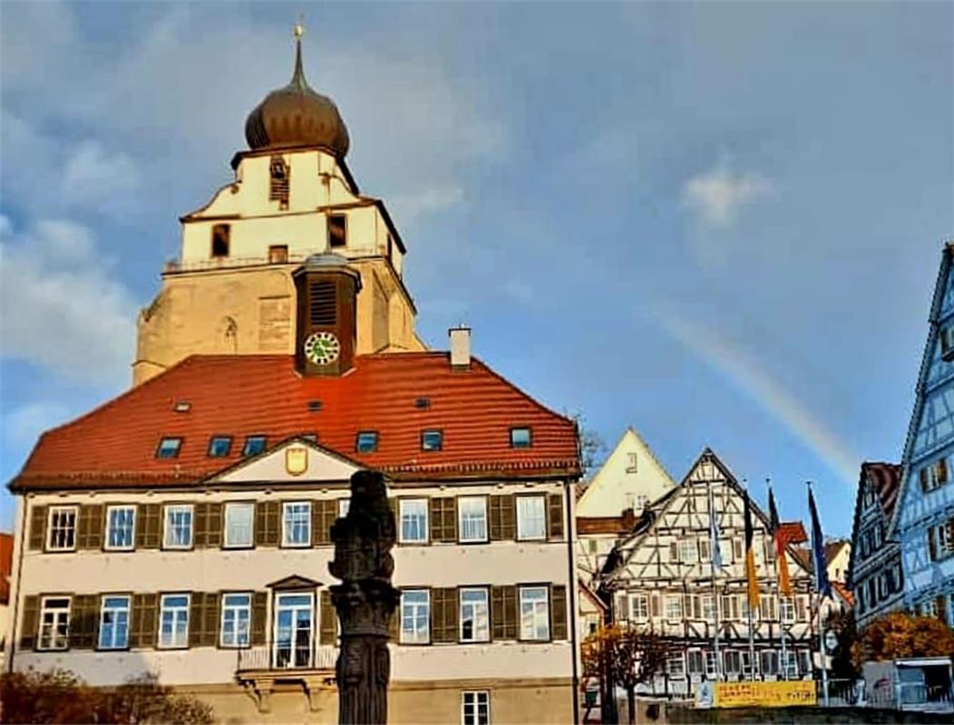 Regenbogen mit Friedenstaube über Herrenberg. Von Eveline Walz aus Herrenberg.